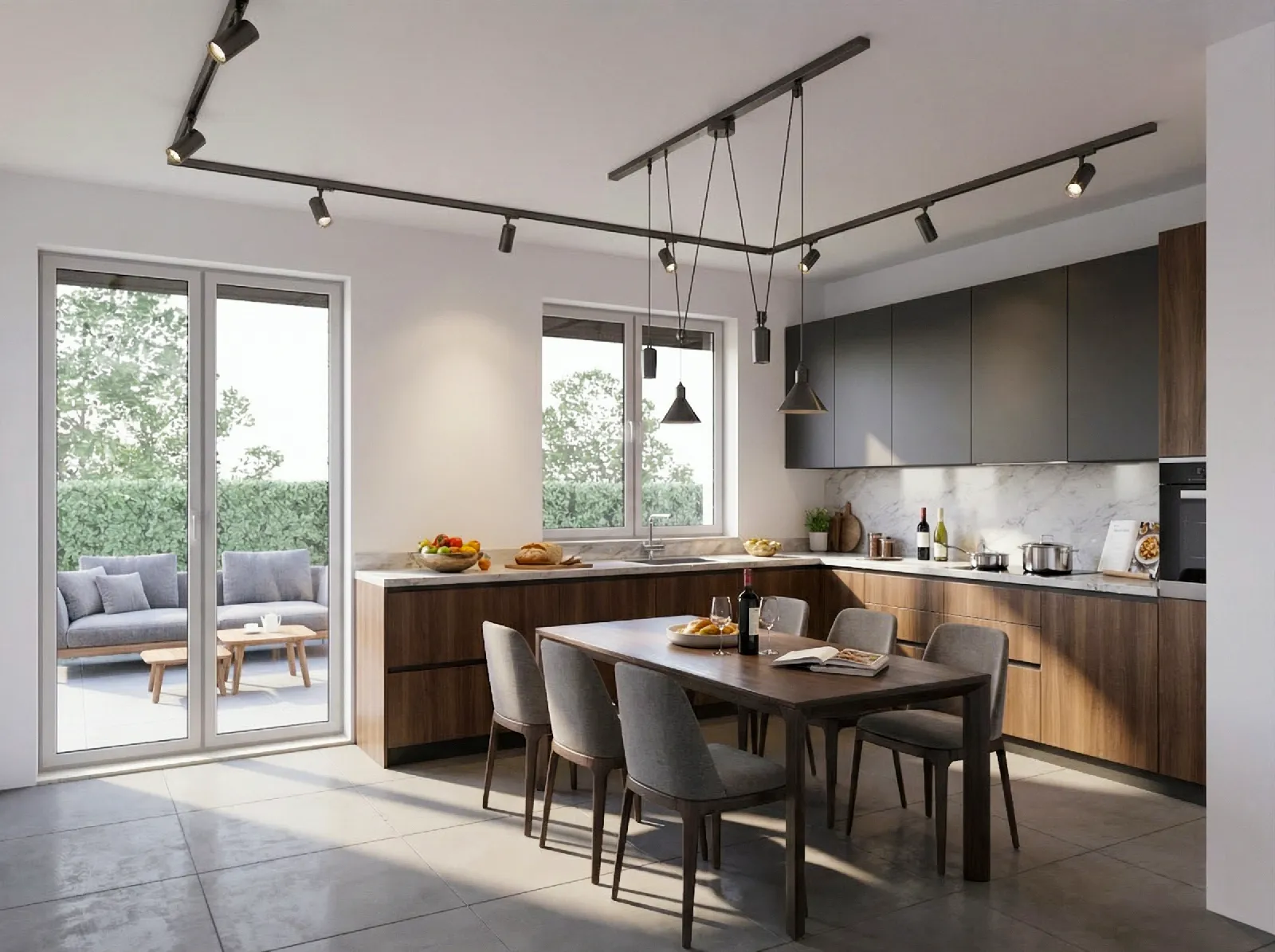 Rendering cucina open space stile scandinavo con isola centrale