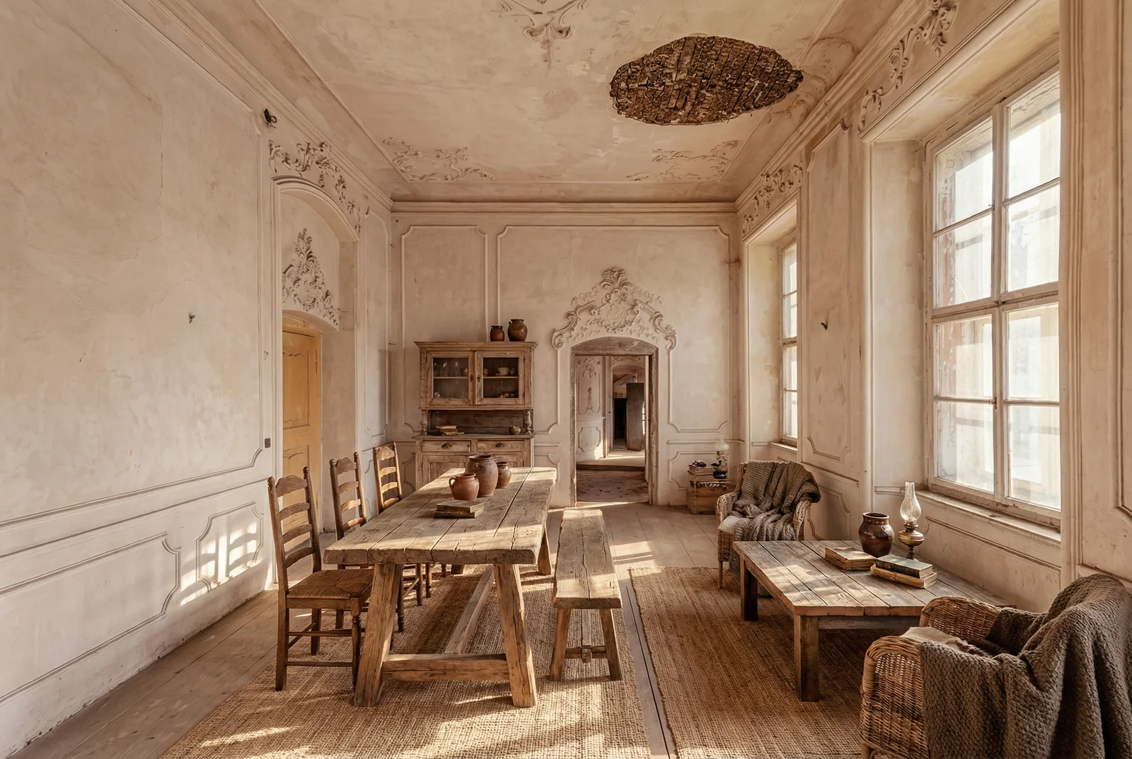 Sala di un palazzo storico da recuperare e la stessa sala arredata in stile rustico, con tavolo e panche in legno massello: Dopo
