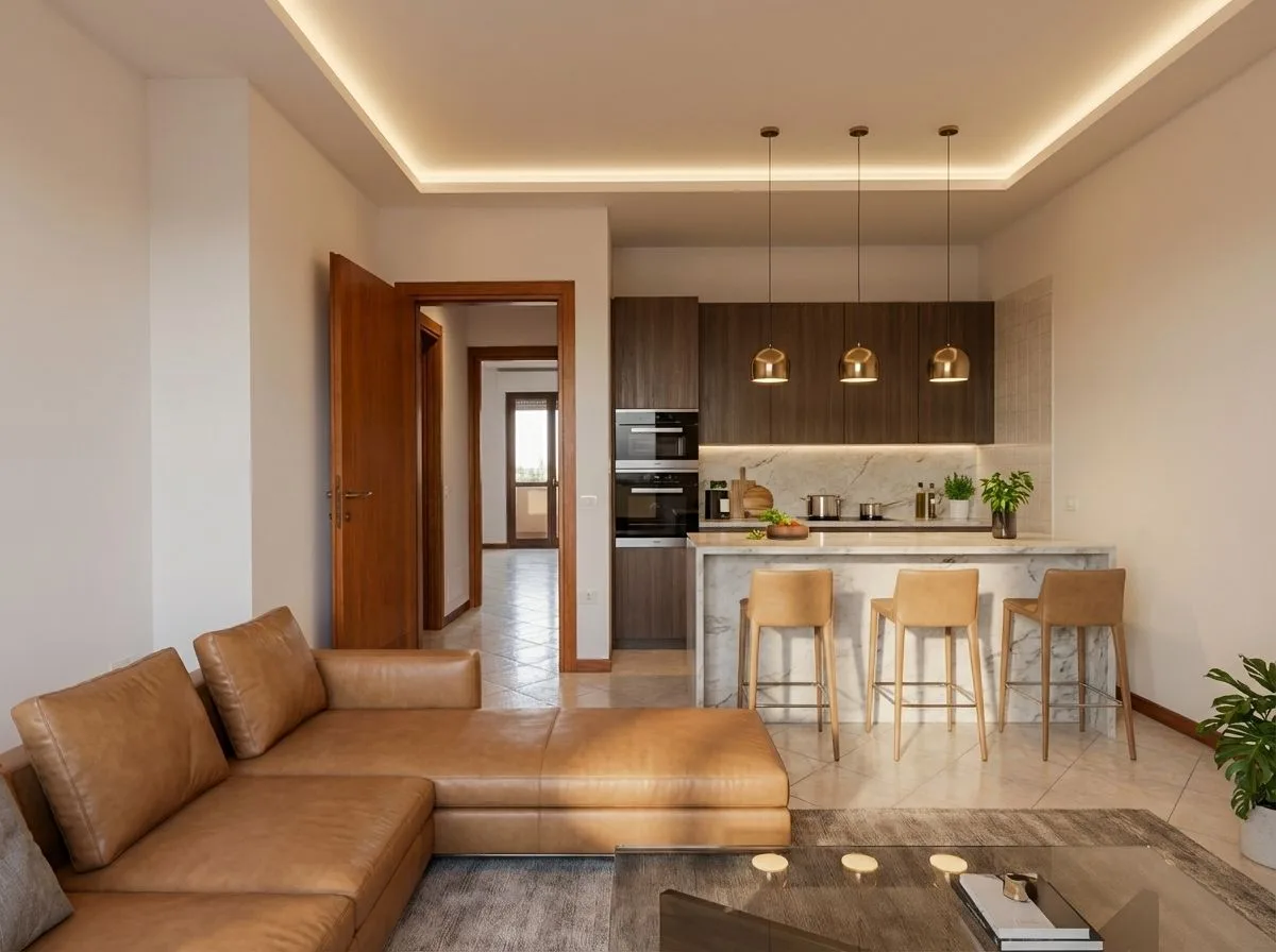 Angolo cucina e soggiorno vuoto e lo stesso ambiente arredato in stile moderno, con isola e divano in pelle: Dopo