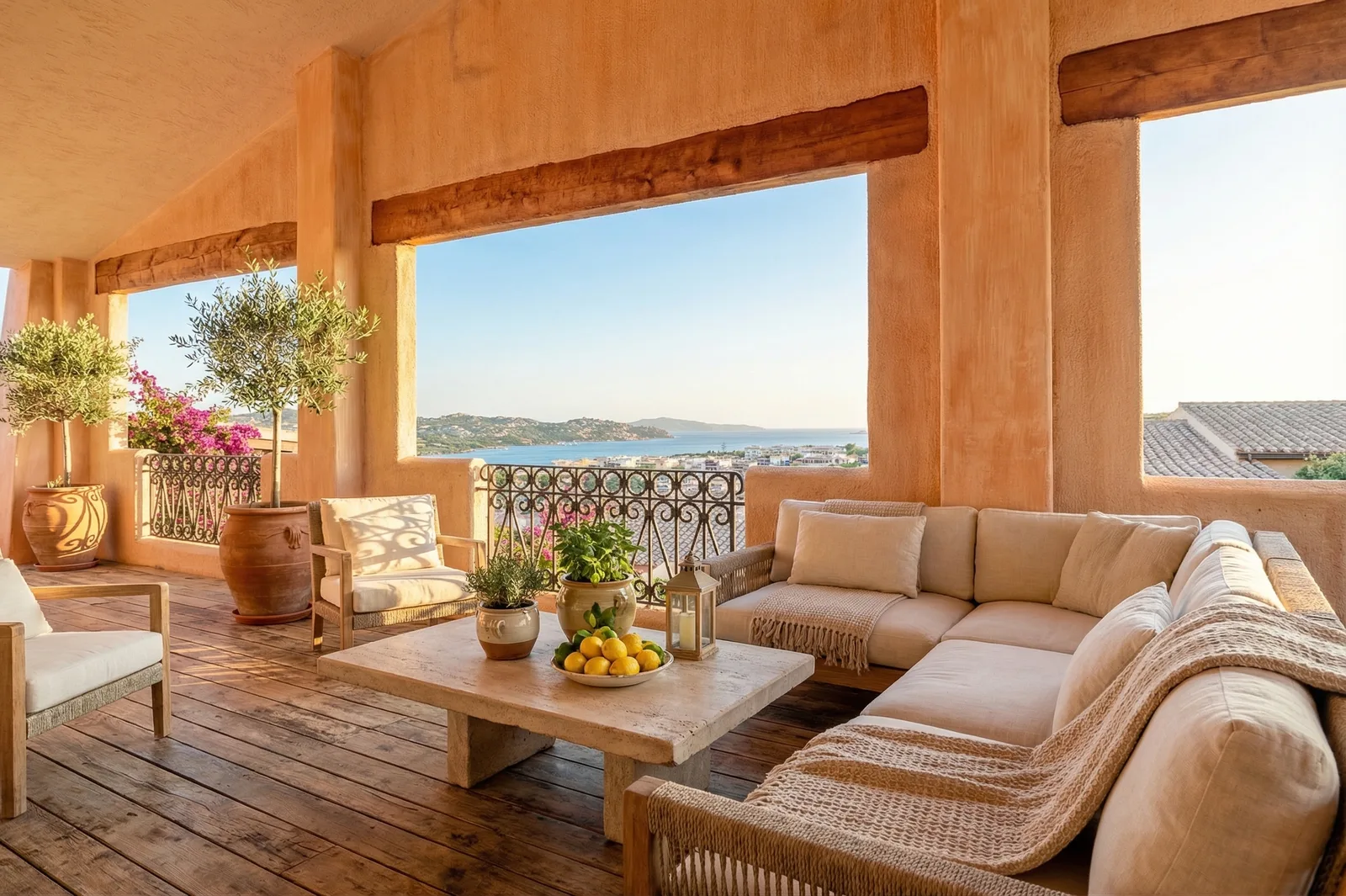 Terrazza coperta con vista sul mare, divano ad angolo in tessuto chiaro, tavolino in pietra e ulivi in vaso