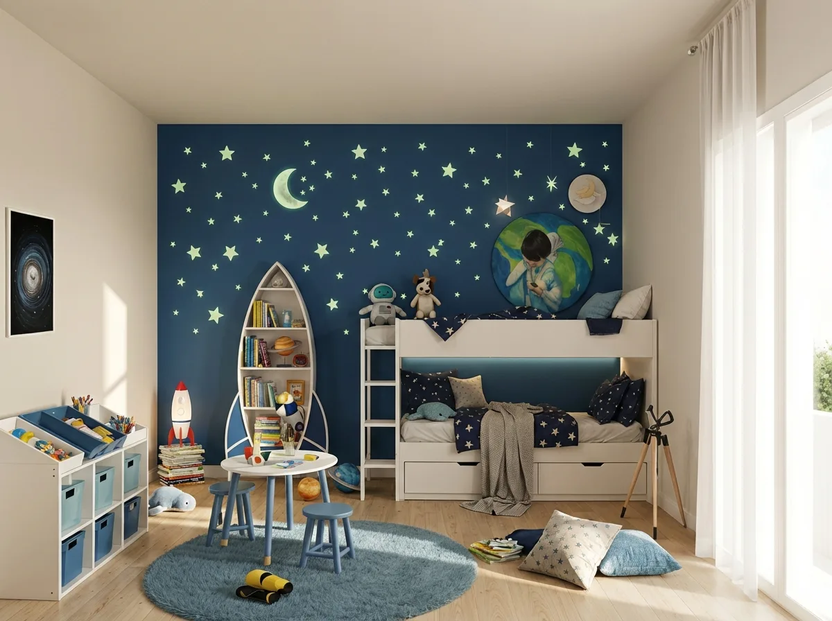 Cameretta a tema spazio con letto a castello, parete blu stellata e libreria a forma di razzo