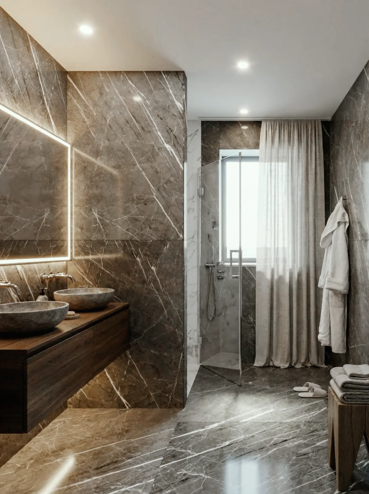 Bagno rivestito in marmo con doppio lavabo in pietra, specchio retroilluminato e doccia in vetro