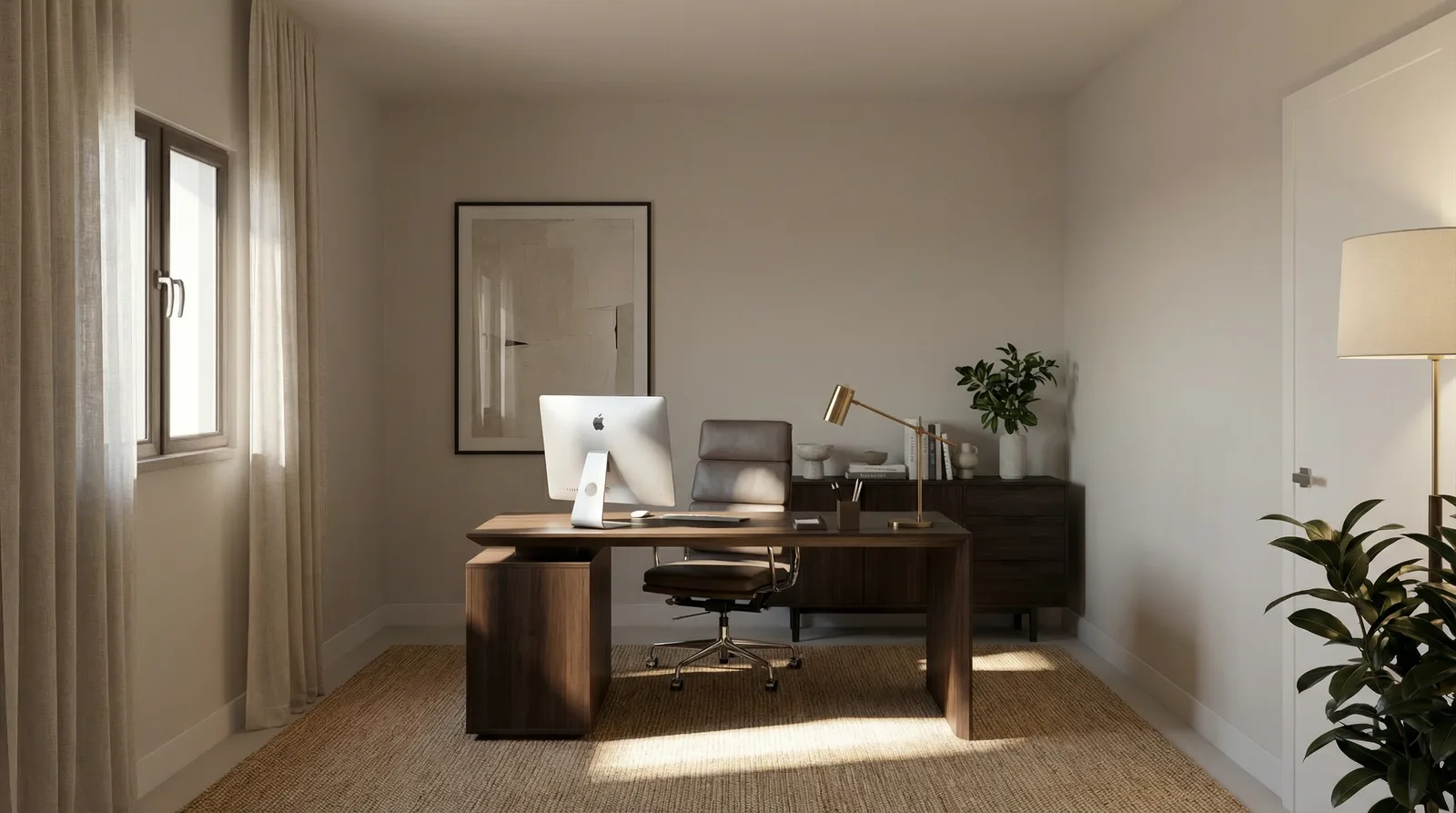 Studio con scrivania in noce, poltrona direzionale in pelle, credenza e tappeto in juta