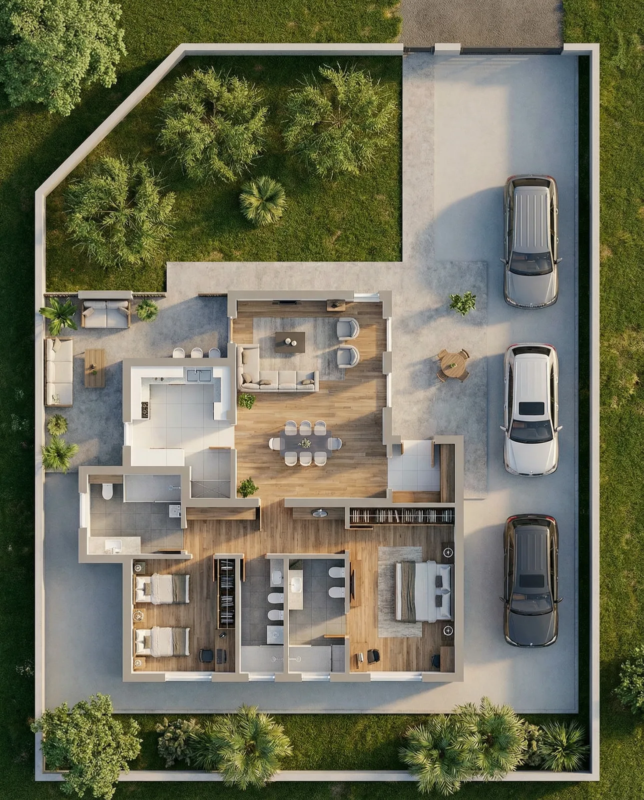 Disegno tecnico quotato di una villa con giardino e posti auto, e la stessa pianta resa come render arredato visto dall'alto: Dopo