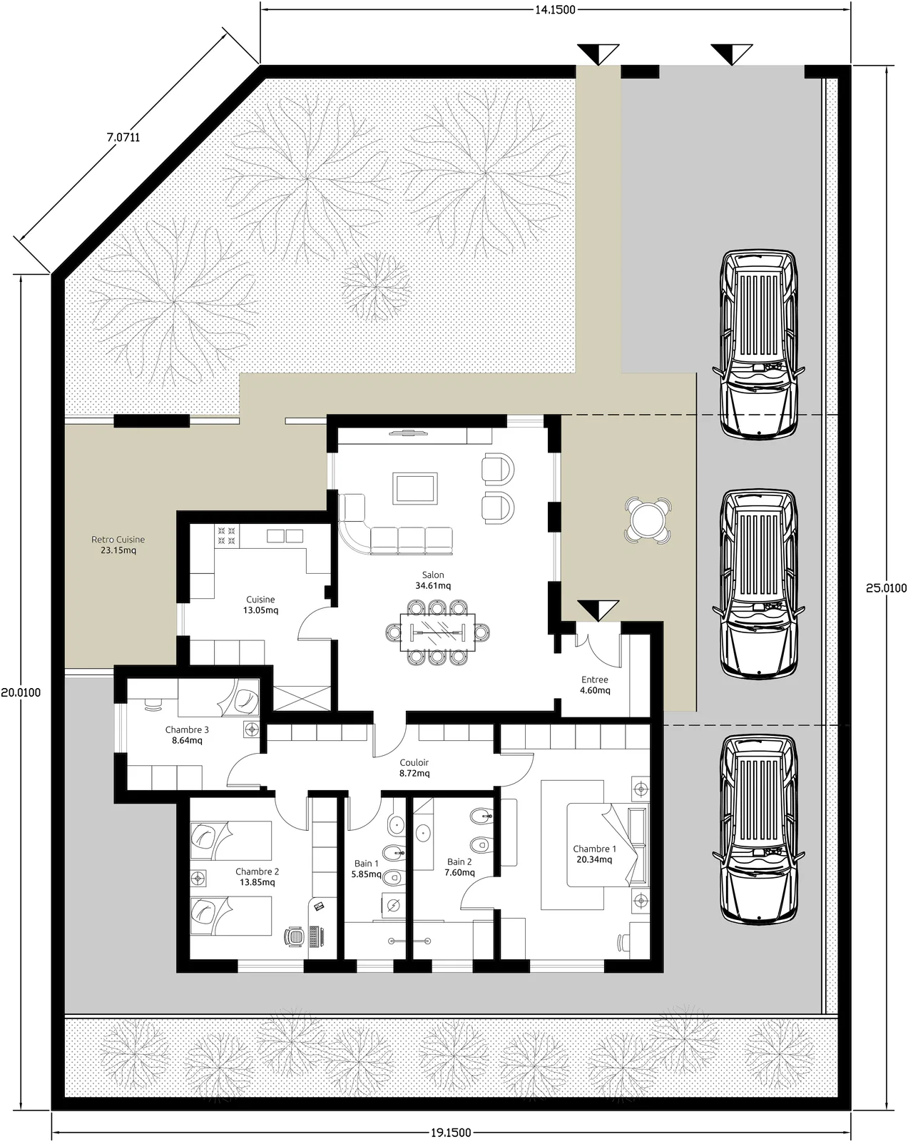 Disegno tecnico quotato di una villa con giardino e posti auto, e la stessa pianta resa come render arredato visto dall'alto: Prima