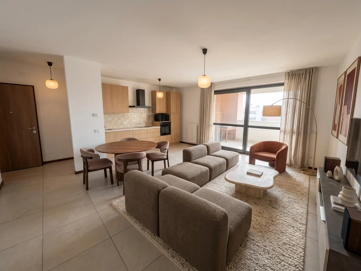 Soggiorno con cucina a vista arredato in stile contemporaneo