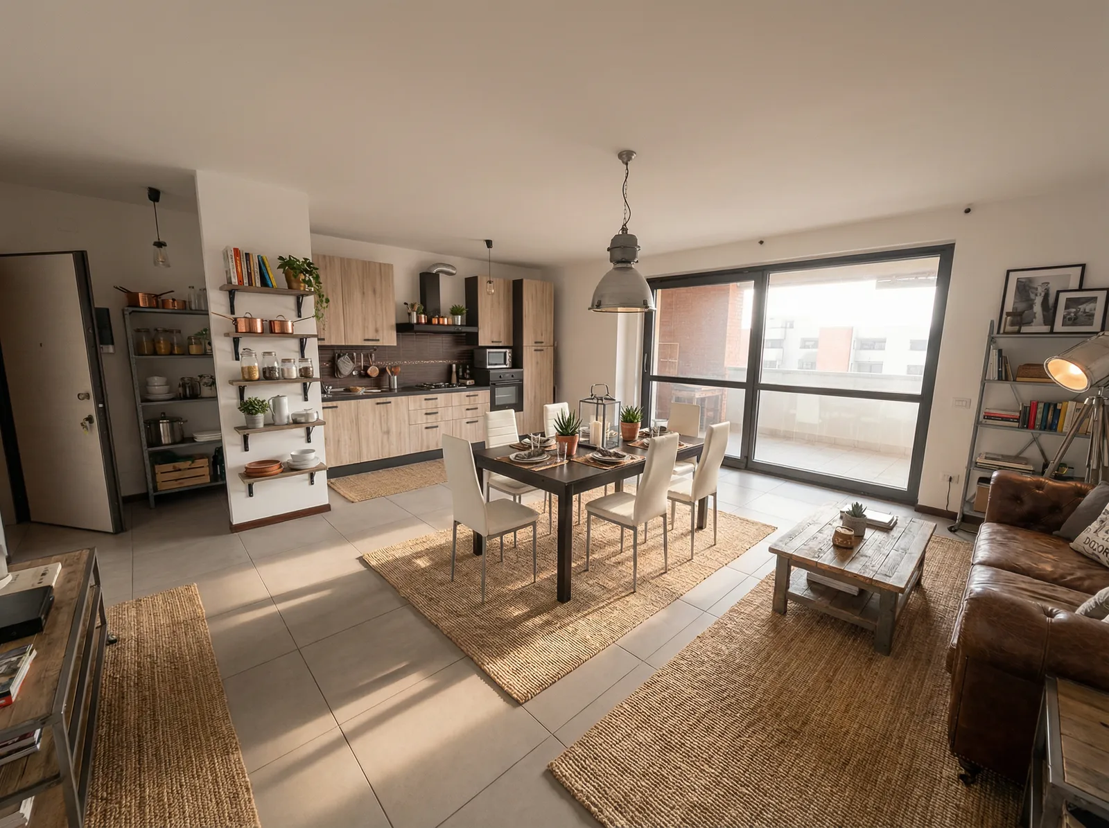 Soggiorno con cucina a vista arredato in stile industriale