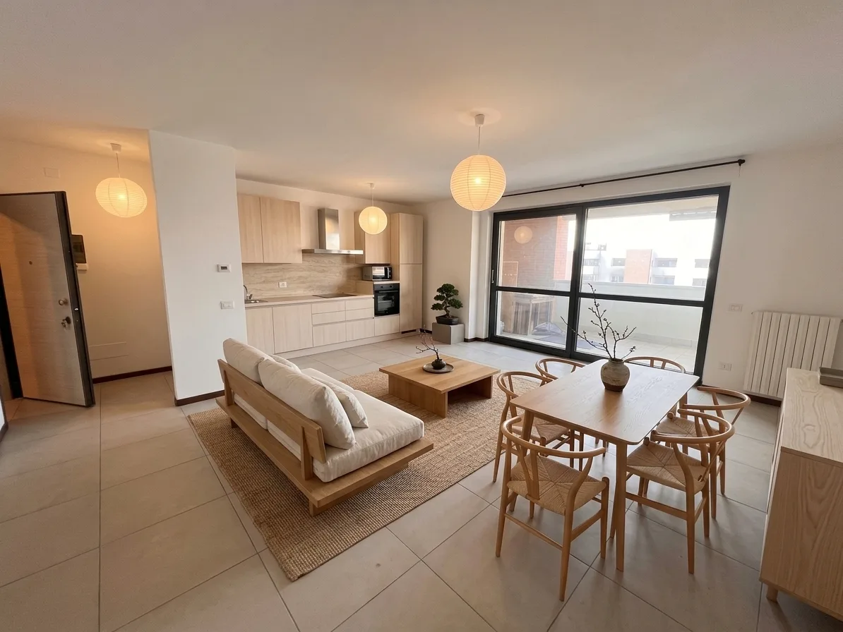 Soggiorno con cucina a vista arredato in stile japandi
