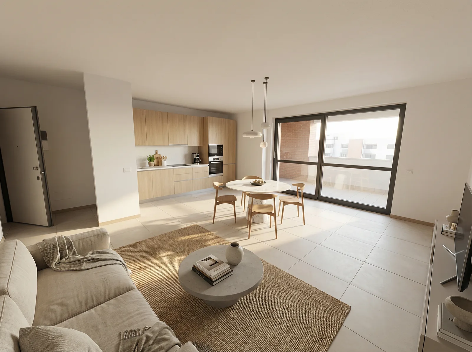 Soggiorno con cucina a vista arredato in stile minimal