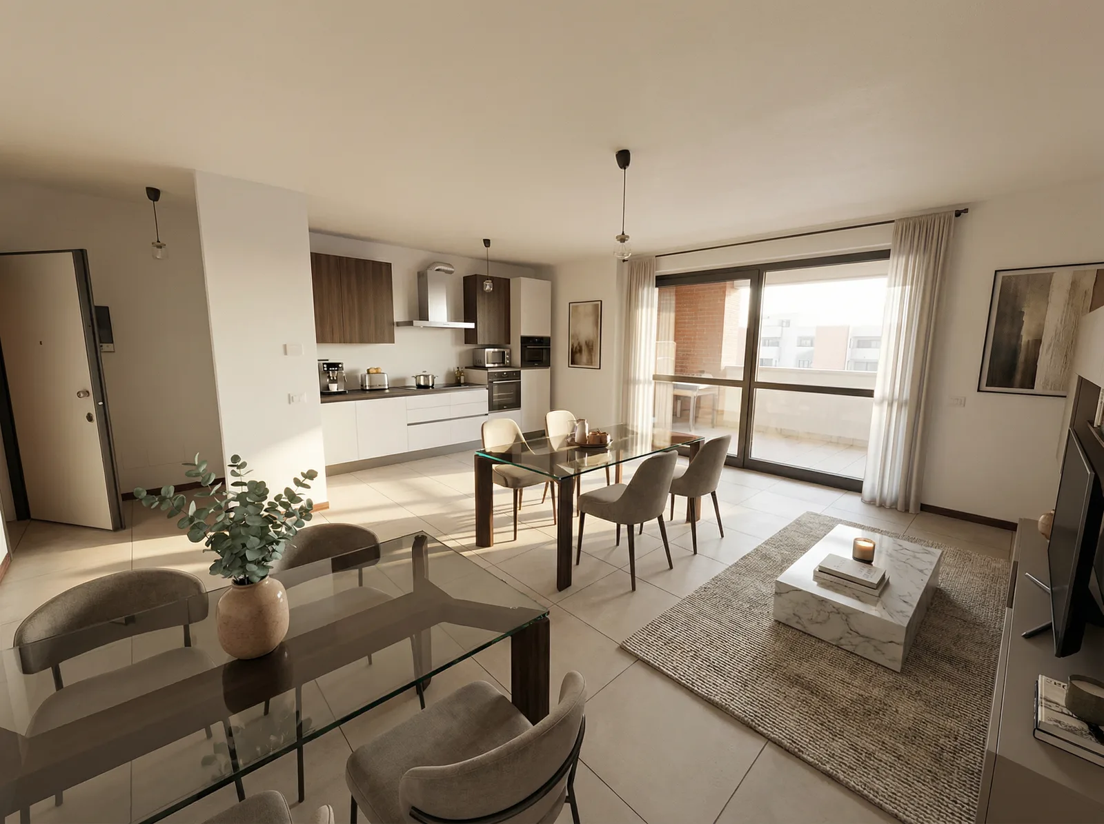 Soggiorno con cucina a vista arredato in stile moderno