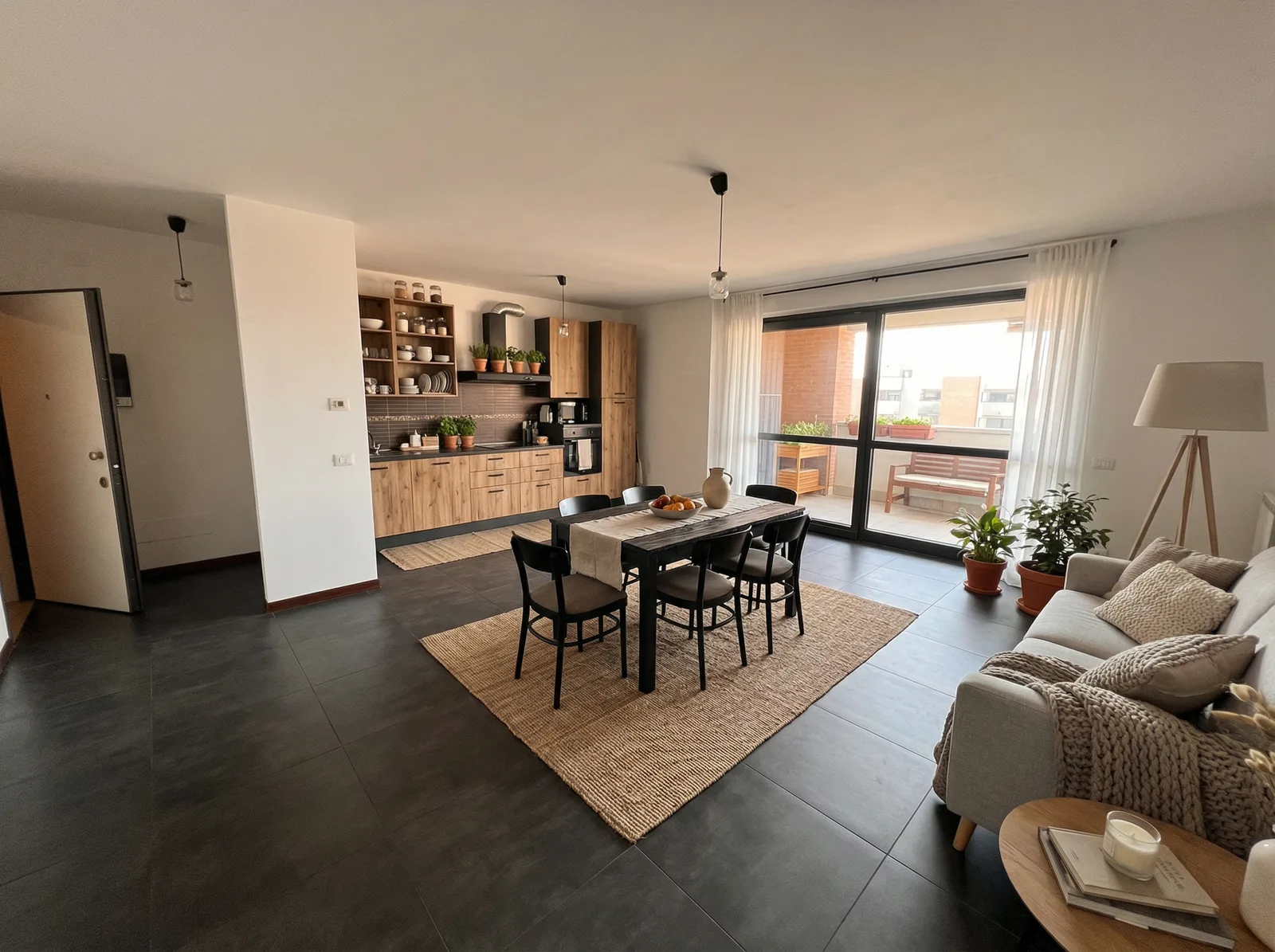 Soggiorno con cucina a vista arredato in stile scandinavo